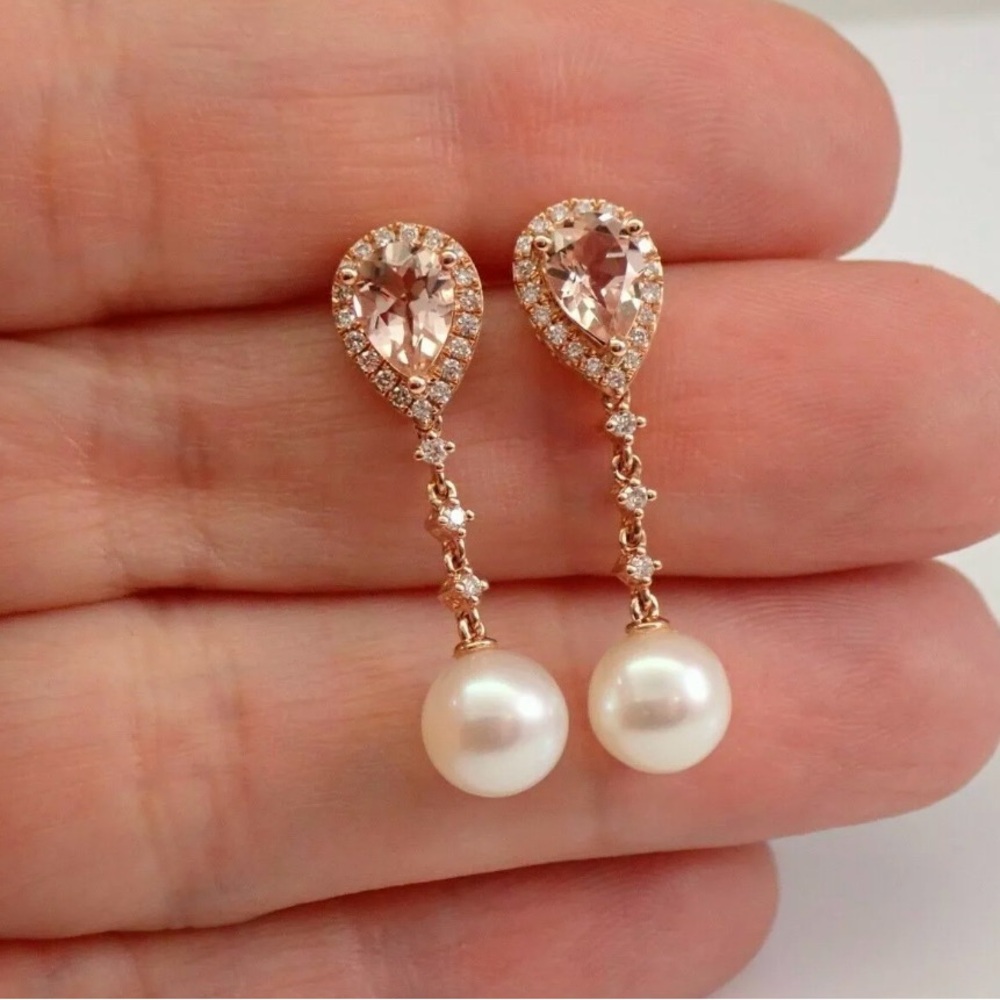Elegant Pearl and Morganite Drop Earrings and pendant necklace SET!!